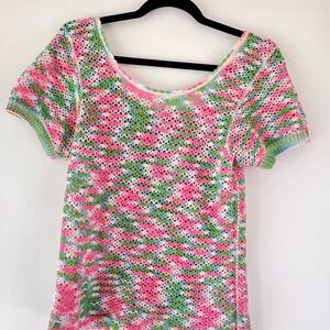Crocheted Open-Weave Top in Pink, Green & White
